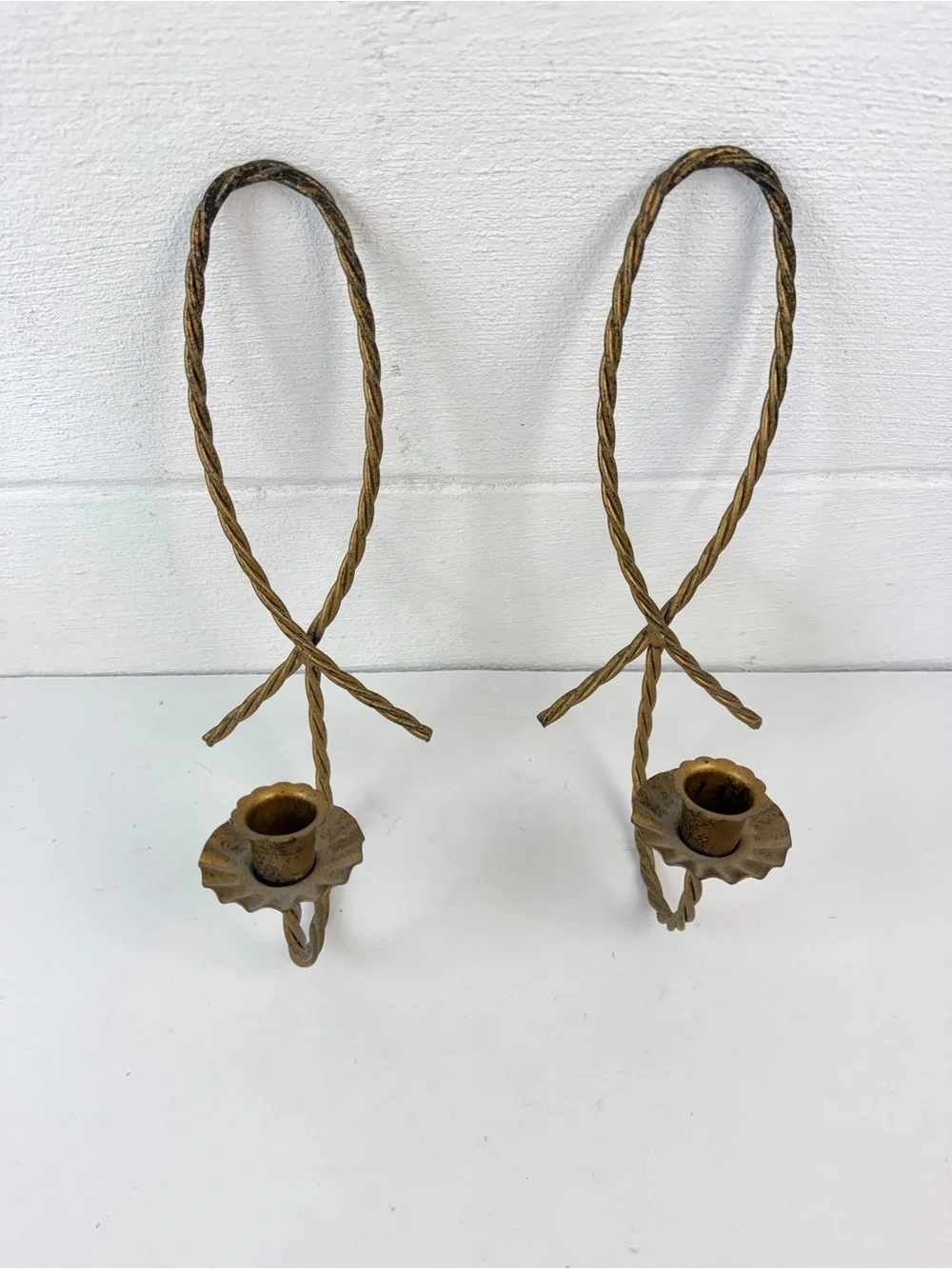 Vtg Homco Home Interiors Gold Twisted Metal Rope Candle Sconces Ribbon Loop Pair